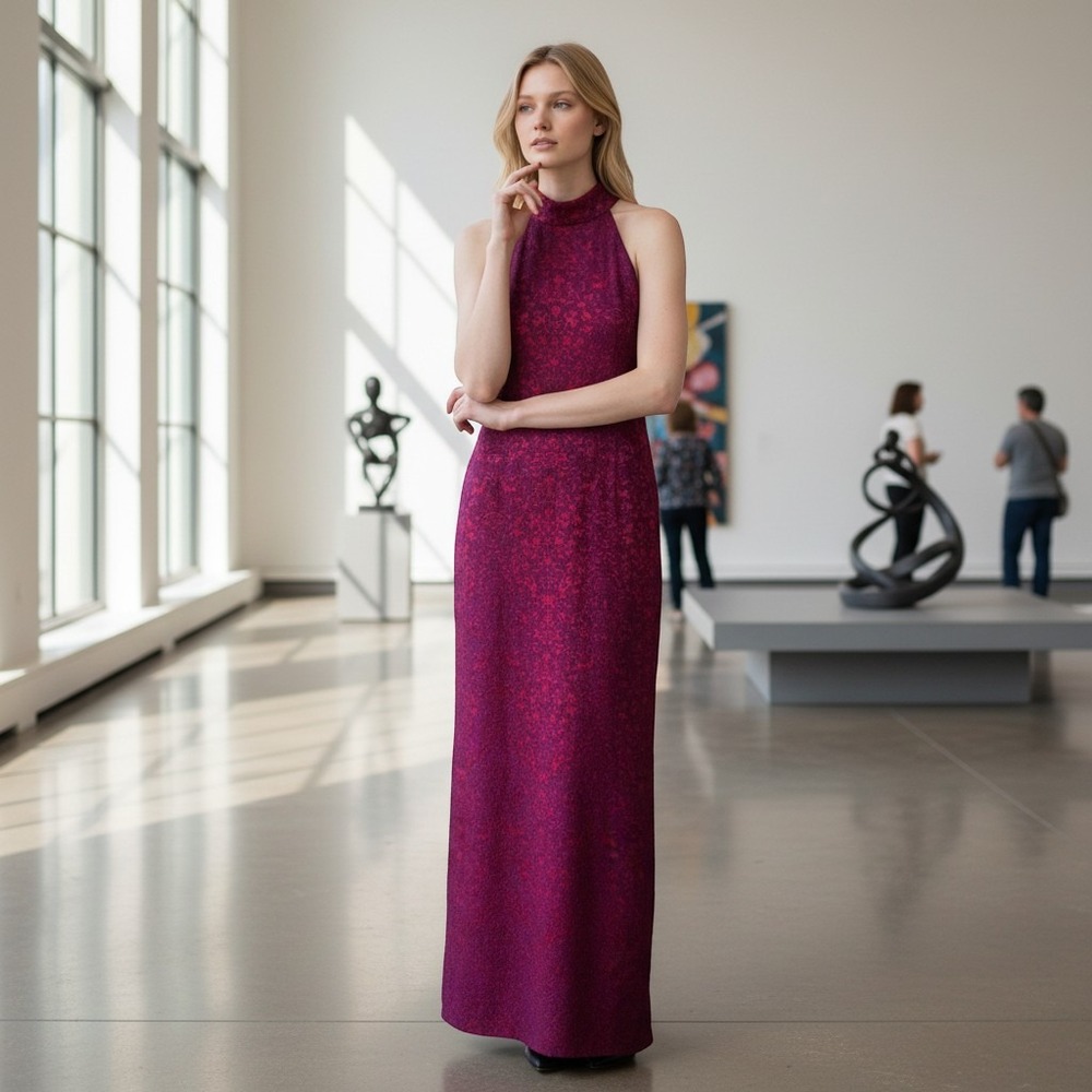 Badgley Mischka Collection Pink Red Damask Brocade Halter Maxi Dress Gown 6
